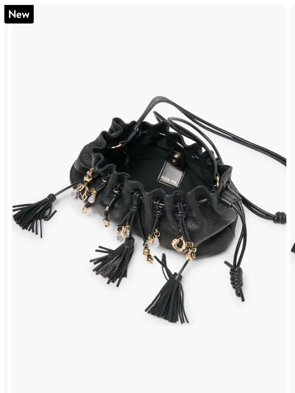 Dolce Vita Black Leather Drawstring Crossbody with Tassels & Charms